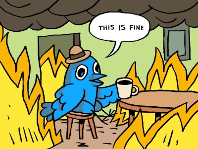 Una viñeta caricaturizada. En ella se muestra un ave celeste (que refiere al logo de Twitter), sentada a la mesa de su casa. Hay una taza con café sobre la mesa. Su casa se está incendiando. Afirma 'this is fine'.